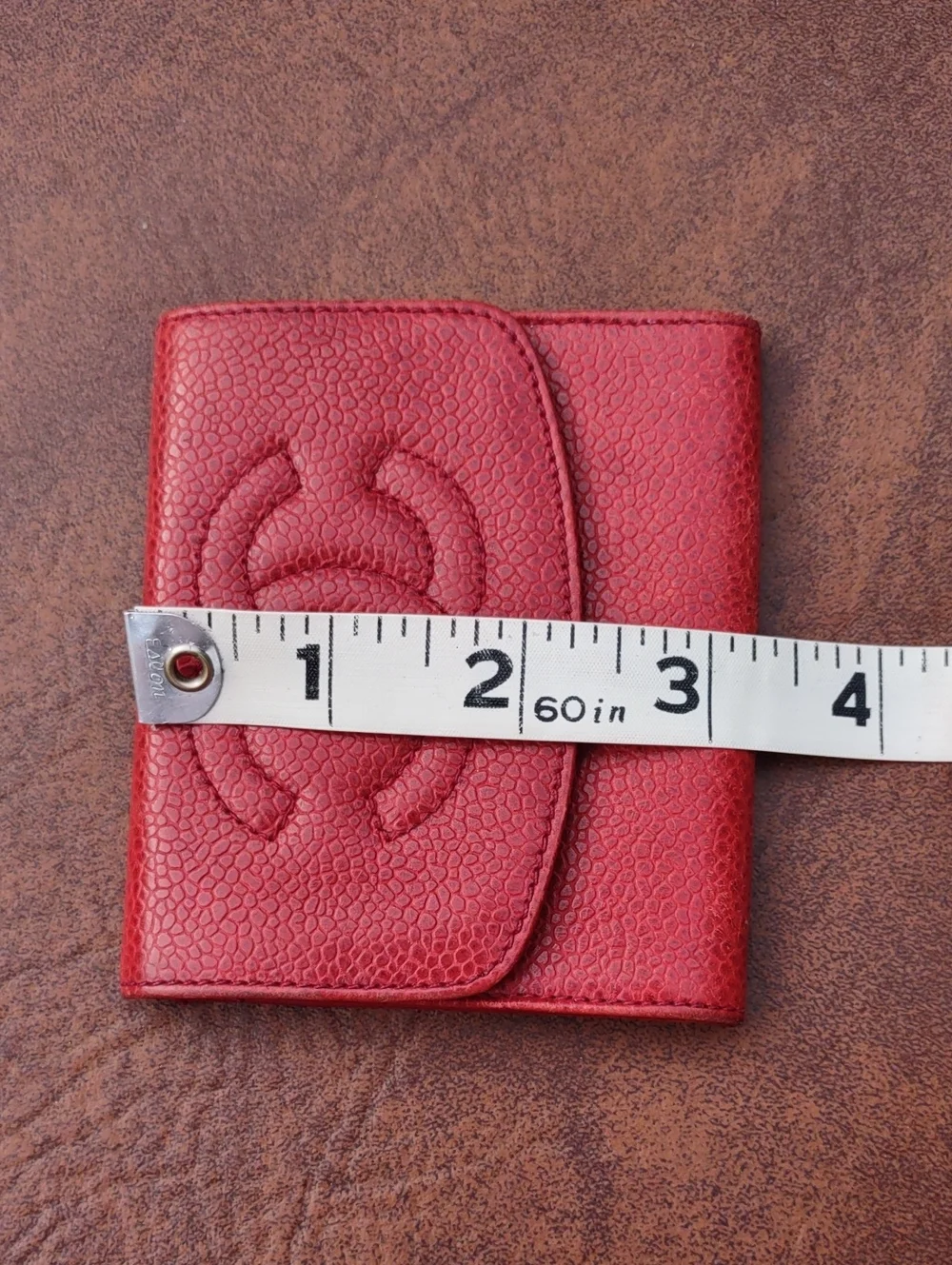 CHANEL Red Quilted CC Embossed Leather Coin Wallet.